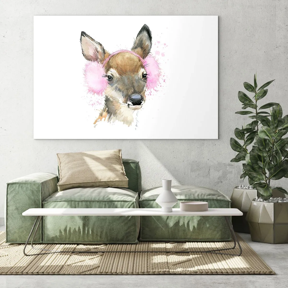 Cuadro sobre vidrio - Impresiones sobre Vidrio - Un ciervo con orejeras de piel rosa - 100x70cm - Y el frío no te molestará más - Decoración de pared moderna para salón y dormitorio ARTTOR