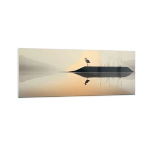 Cuadro sobre vidrio - Impresiones sobre Vidrio - Un pájaro en una isla en un lago tranquilo con tonos cálidos. - 140x50cm - Un caballero en el lago - Decoración de pared moderna para salón y dormitorio ARTTOR