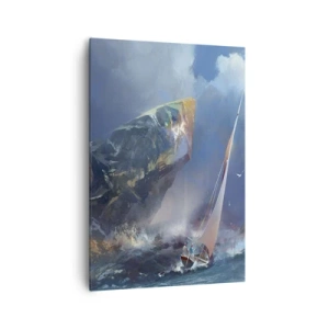 Cuadro sobre lienzo - Impresión de Imagen - Un velero en medio de una tormenta al pie de una enorme roca. - 70x100cm - La gloria es para los valientes - Decoración de pared moderna para salón y dormitorio ARTTOR
