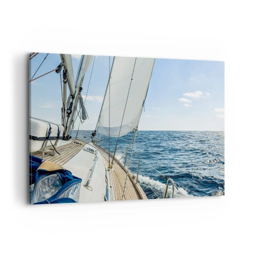 Cuadro sobre lienzo - Impresión de Imagen - Un velero en un mar tranquilo bajo un cielo azul. - 120x80cm - Ahoy, a la aventura - Decoración de pared moderna para salón y dormitorio ARTTOR