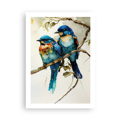 Póster - Pájaros de acuarela en una rama en tonos azules y marrones. - 50x70cm - ¿Ofendido? - Decoración de pared moderna para salón y dormitorio ARTTOR
