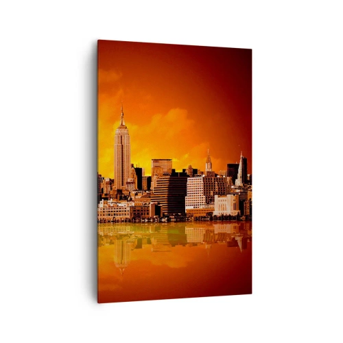 Cuadro sobre lienzo - Impresión de Imagen - Panorama de la ciudad al atardecer con edificios reflejados en el agua. - 80x120cm - Un panorama de la ciudad en amarillo y marrón - Decoración de pared moderna para salón y dormitorio ARTTOR