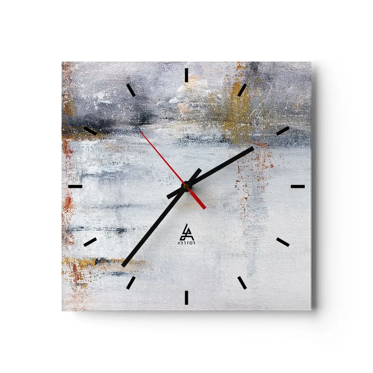 Reloj de pared - Reloj de vidrio - Un paisaje abstracto con acentos borrosos de gris y dorado. - 30x30cm - Tras una cortina de aire - Decoración de pared moderna para salón y dormitorio ARTTOR