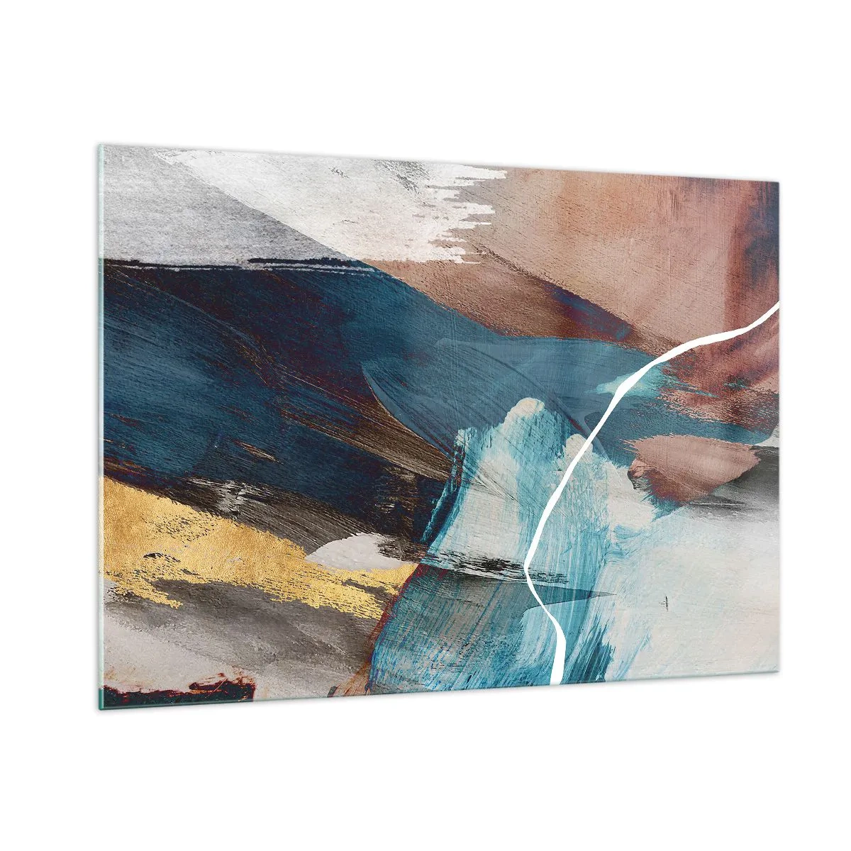 Cuadro sobre vidrio - Impresiones sobre Vidrio - Una composición abstracta en turquesa, dorado y marrón. - 100x70cm - Con estilo y energía - Decoración de pared moderna para salón y dormitorio ARTTOR