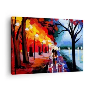 Cuadro sobre lienzo - Impresión de Imagen - Un paseo otoñal por el sendero con vistas al agua. - 70x50cm - Otoño en el parque - Decoración de pared moderna para salón y dormitorio ARTTOR