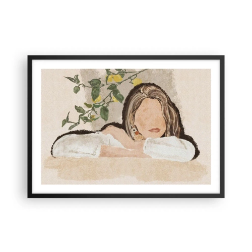 Póster en marco negro - La figura de una mujer sobre el fondo de un limonero. - 70x50cm - La belleza del sur - Decoración de pared moderna para salón y dormitorio ARTTOR