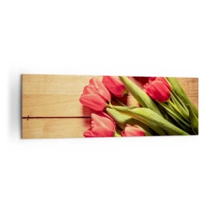 Cuadro sobre lienzo - Impresión de Imagen - Un ramo de tulipanes rosas sobre un fondo de madera. - 160x50cm - Una confesión primaveral - Decoración de pared moderna para salón y dormitorio ARTTOR