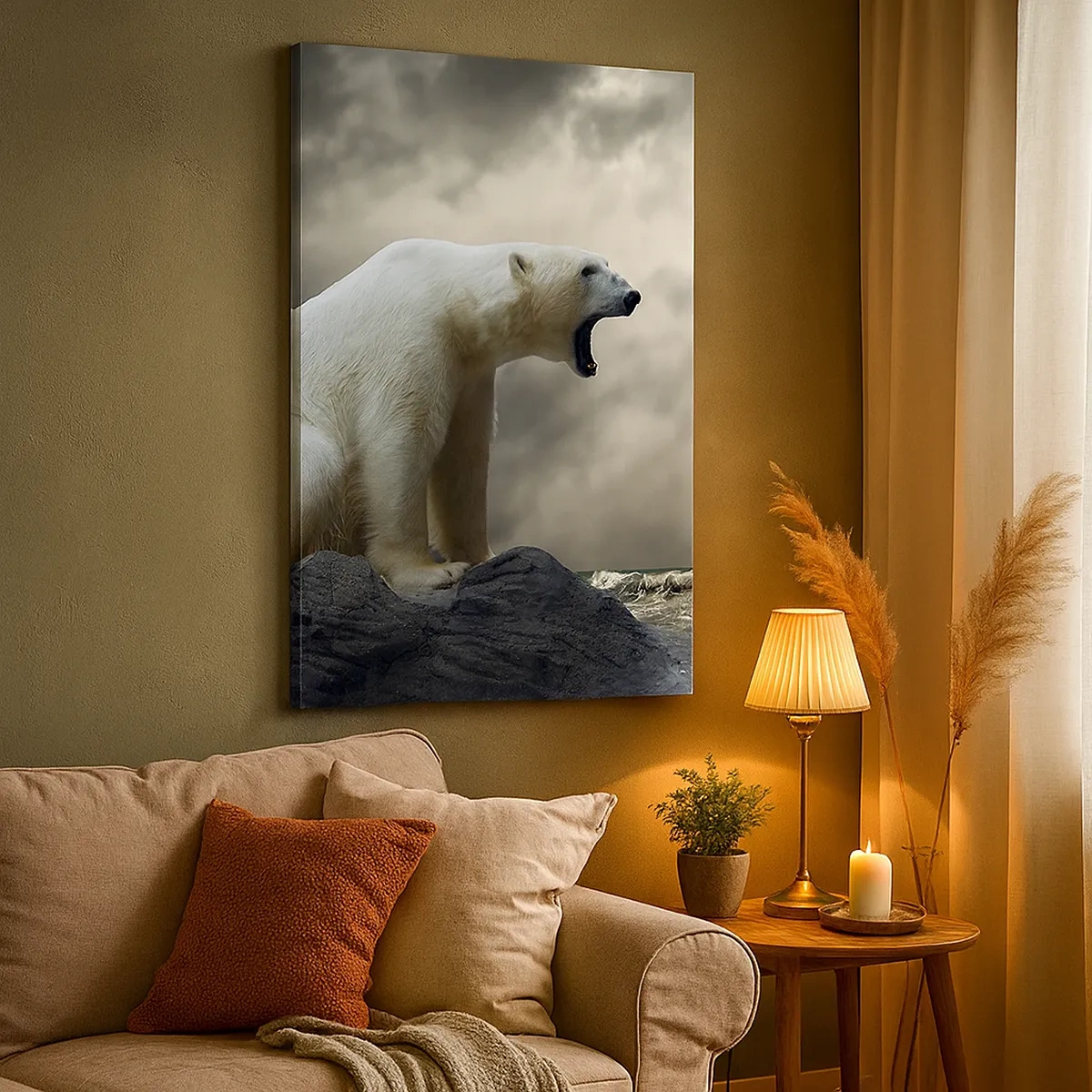 Cuadro sobre lienzo - Impresión de Imagen - Un oso polar en las rocas sobre un mar tempestuoso. - 50x70cm - El solitario rey del Ártico - Decoración de pared moderna para salón y dormitorio ARTTOR