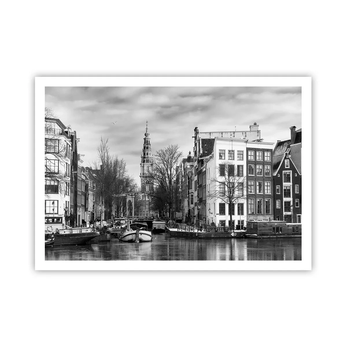 Póster - Panorama en blanco y negro de Ámsterdam con canal y edificios históricos - 100x70cm - Ambiente de Ámsterdam - Decoración de pared moderna para salón y dormitorio ARTTOR