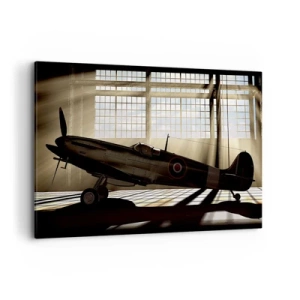Cuadro sobre lienzo - Impresión de Imagen - Un avión histórico en un hangar iluminado por la luz del sol. - 120x80cm - El descanso del guerrero - Decoración de pared moderna para salón y dormitorio ARTTOR