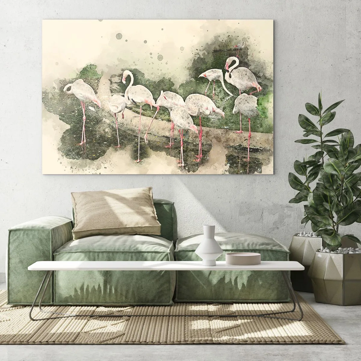 Cuadro sobre vidrio - Impresiones sobre Vidrio - Flamencos sobre el fondo de una composición de acuarela. - 70x50cm - Un sueño exótico - Decoración de pared moderna para salón y dormitorio ARTTOR