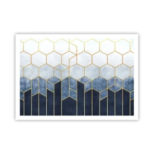 Póster - Patrón geométrico en tonos dorados y azul marino. - 100x70cm - Composición rítmica visual - Decoración de pared moderna para salón y dormitorio ARTTOR