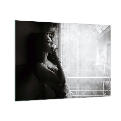 Cuadro sobre vidrio - Impresiones sobre Vidrio - Mujer fumando junto a la ventana en blanco y negro - 70x50cm - Un momento sensual - Decoración de pared moderna para salón y dormitorio ARTTOR