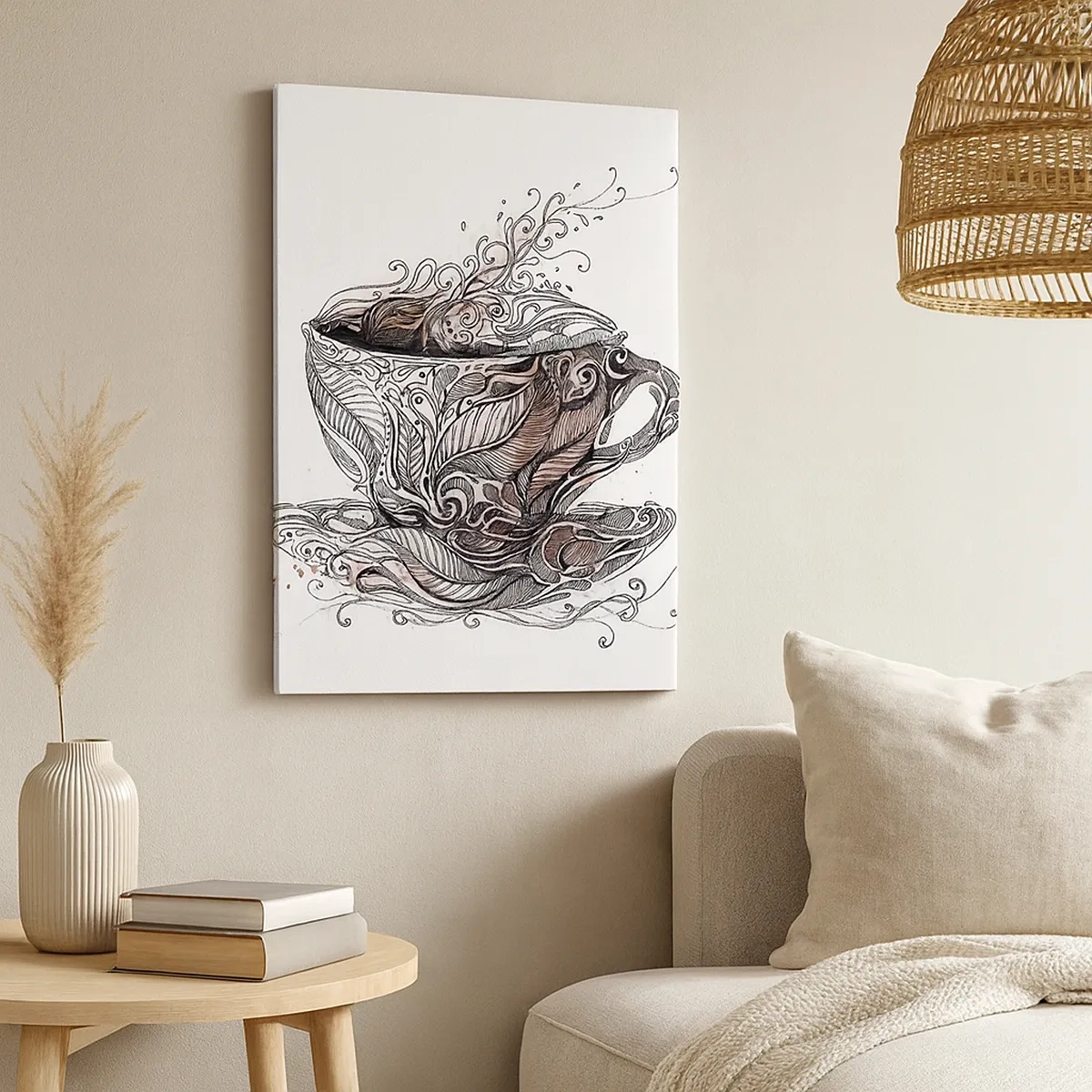 Cuadro sobre lienzo - Impresión de Imagen - Taza de café decorativa con patrón artístico. - 50x70cm - Té para todo - Decoración de pared moderna para salón y dormitorio ARTTOR