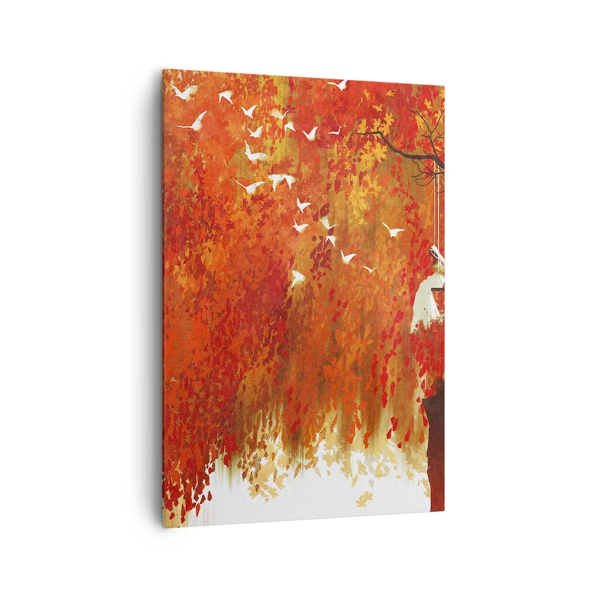 Cuadro sobre lienzo - Impresión de Imagen - Una figura en un columpio junto a un árbol rodeado de hojas rojas. - 70x100cm - ¿Volará con ellos? - Decoración de pared moderna para salón y dormitorio ARTTOR