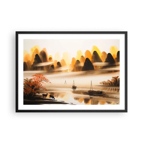 Póster en marco negro - Un paisaje oriental con un río, montañas y una suave niebla. - 70x50cm - Más allá del Lejano Oriente - Decoración de pared moderna para salón y dormitorio ARTTOR