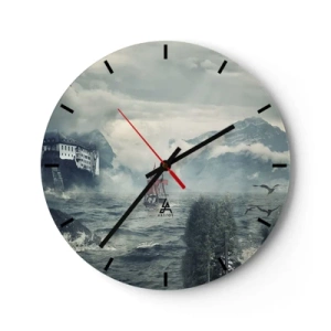 Reloj de pared - Reloj de vidrio - Un paisaje pintoresco con montañas, un castillo y un velero en un mar tempestuoso. - 30x30cm - En aguas mágicas - Decoración de pared moderna para salón, cocina y dormitorio ARTTOR