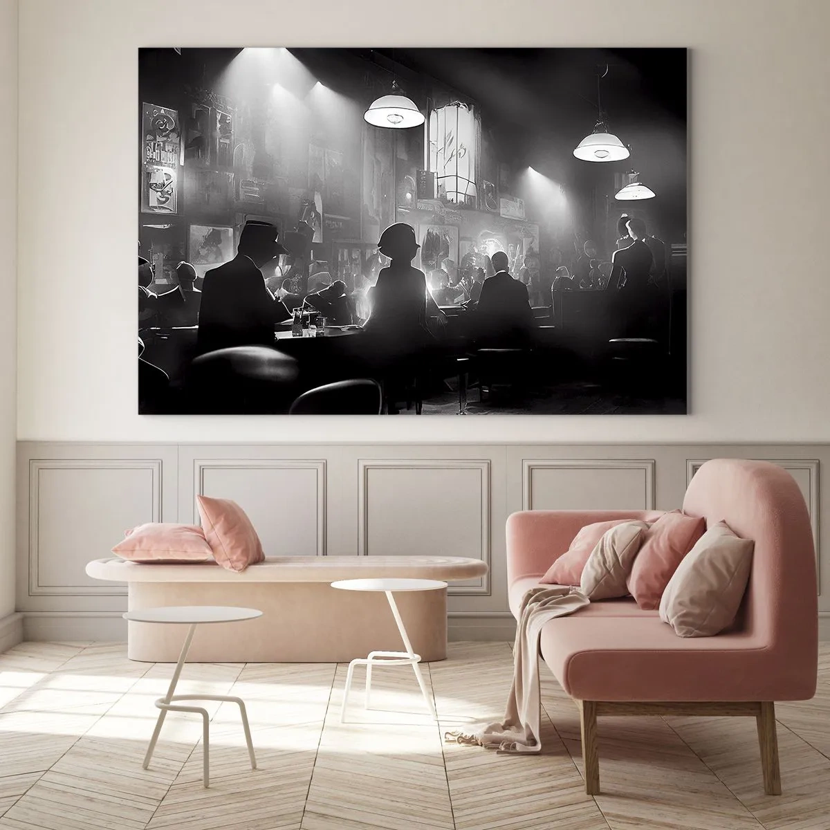 Cuadro sobre vidrio - Impresiones sobre Vidrio - Escenario de jazz en blanco y negro en el interior de un club - 100x70cm - En clave de jazz - Decoración de pared moderna para salón y dormitorio ARTTOR