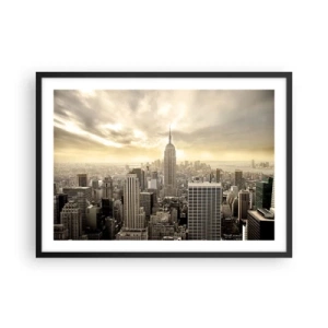 Póster en marco negro - Panorama de la ciudad con vista al Empire State Building - 70x50cm - Tejido neoyorquino en tonos grises - Decoración de pared moderna para salón y dormitorio ARTTOR