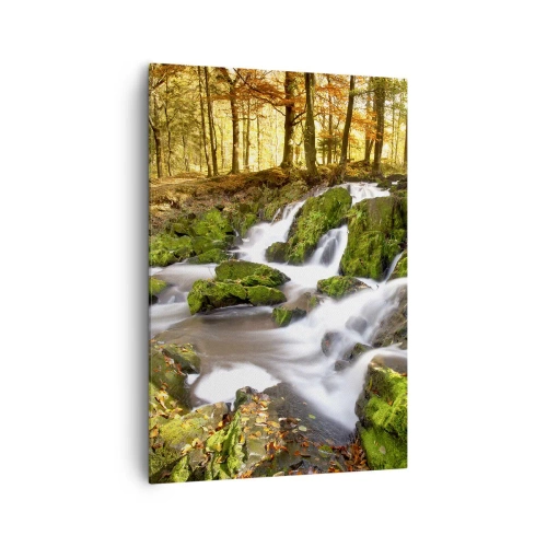 Cuadro sobre lienzo - Impresión de Imagen - Un paisaje boscoso con una cascada rodeada de musgo. - 70x100cm - Atravesando el bosque otoñal - Decoración de pared moderna para salón y dormitorio ARTTOR