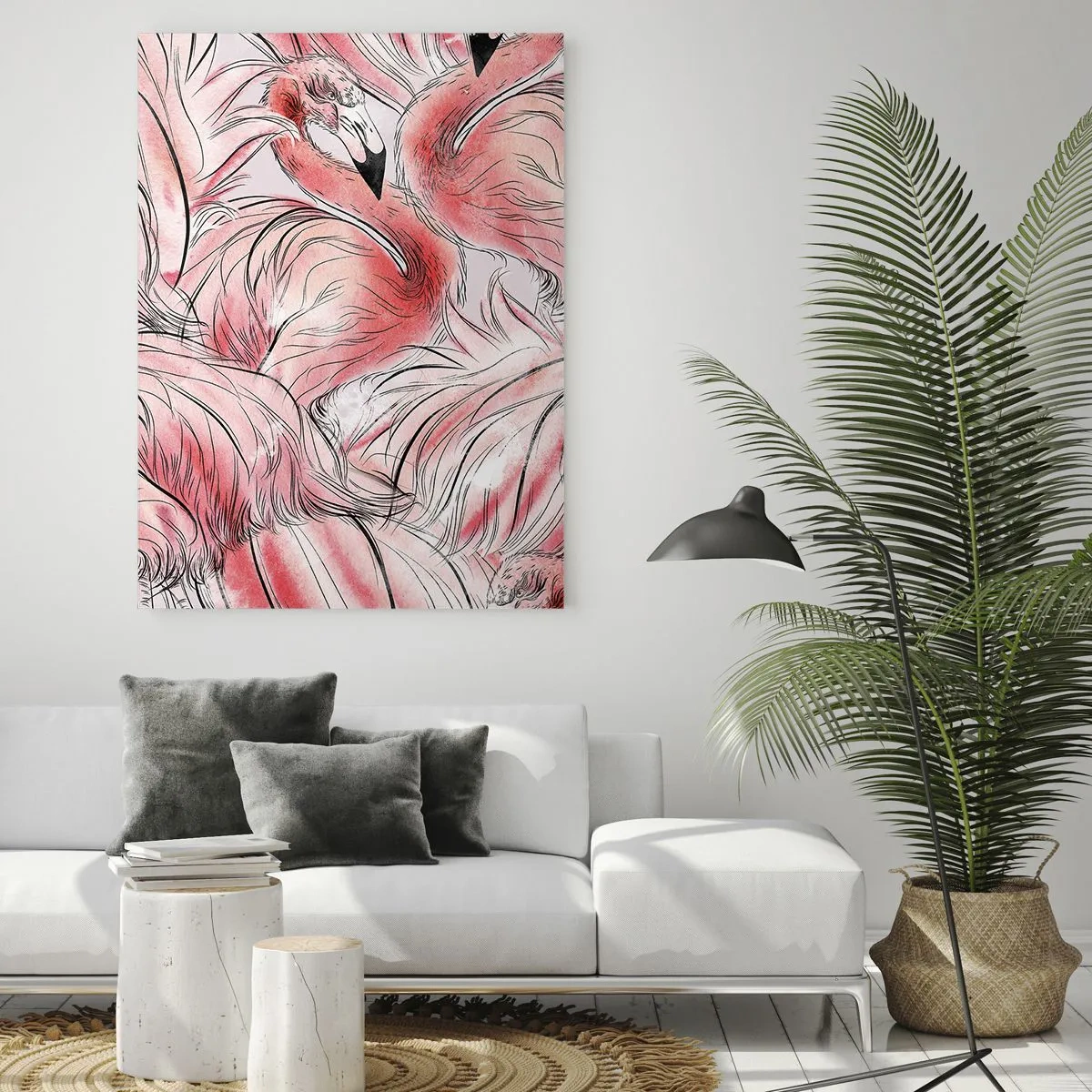 Cuadro sobre vidrio - Impresiones sobre Vidrio - Flamencos rosados en un estilo de dibujos animados decorativos. - 50x70cm - Ballet de aves - Decoración de pared moderna para salón y dormitorio ARTTOR