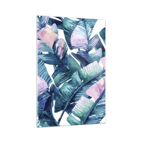 Cuadro sobre vidrio - Impresiones sobre Vidrio - Hojas de plátano en tonos azules y rosas. - 70x100cm - En una plantación de plátanos - Decoración de pared moderna para salón y dormitorio ARTTOR