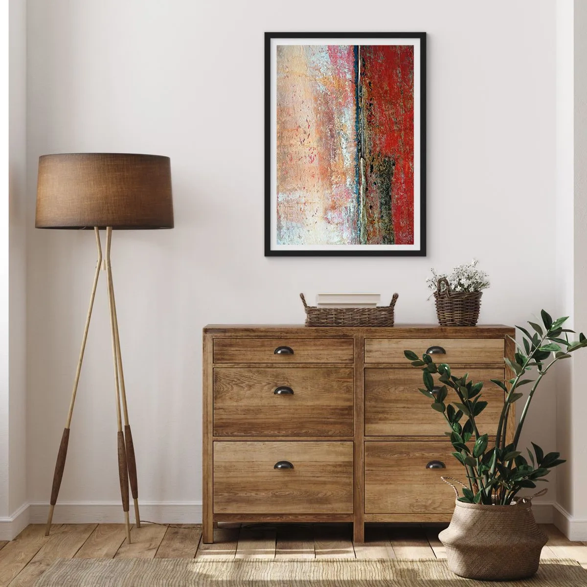Póster en marco negro - Textura abstracta con abrasiones en rojo y beige. - 50x70cm - Tal vez sea el mar - Decoración de pared moderna para salón y dormitorio ARTTOR