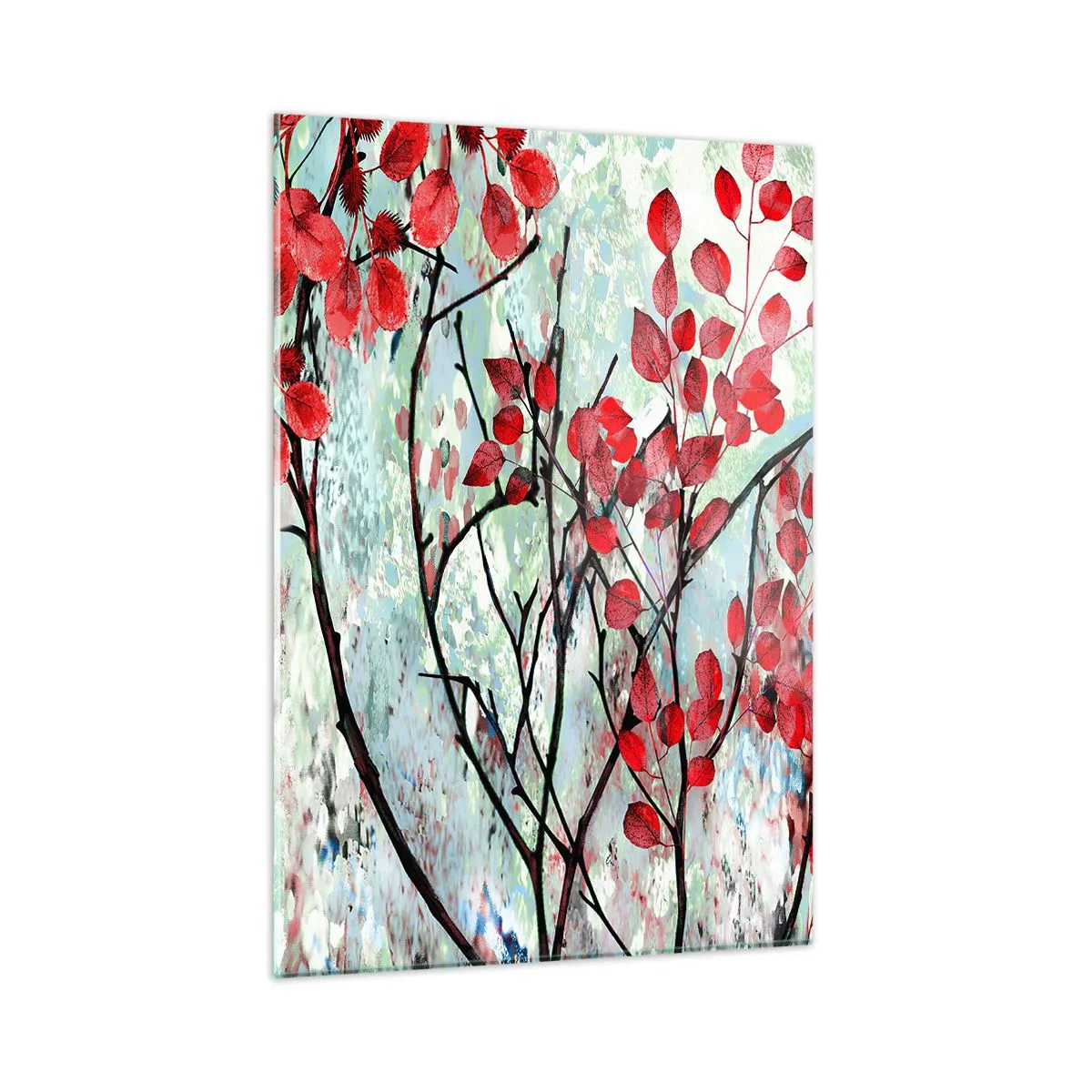 Cuadro sobre vidrio - Impresiones sobre Vidrio - Ramas con hojas rojas sobre un fondo pintado. - 50x70cm - Un árbol en escarlata - Decoración de pared moderna para salón y dormitorio ARTTOR