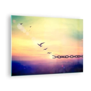 Cuadro sobre vidrio - Impresiones sobre Vidrio - Pájaros en vuelo con el telón de fondo de una cadena y una puesta de sol. - 70x50cm - Victoria de la libertad - Decoración de pared moderna para salón y dormitorio ARTTOR
