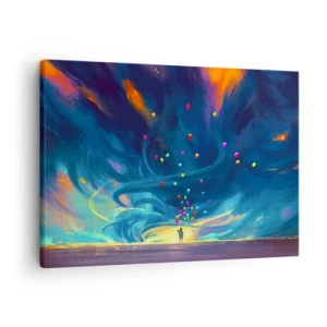 Cuadro sobre lienzo - Impresión de Imagen - Una figura con globos contra un fondo de nubes coloridas y arremolinadas. - 70x50cm - En un viento azul - Decoración de pared moderna para salón y dormitorio ARTTOR