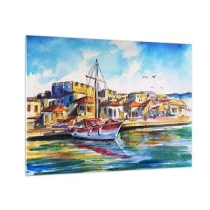 Cuadro sobre vidrio - Impresiones sobre Vidrio - Un colorido puerto deportivo con un velero y arquitectura mediterránea. - 70x50cm - Tarde de arco iris - Decoración de pared moderna para salón y dormitorio ARTTOR