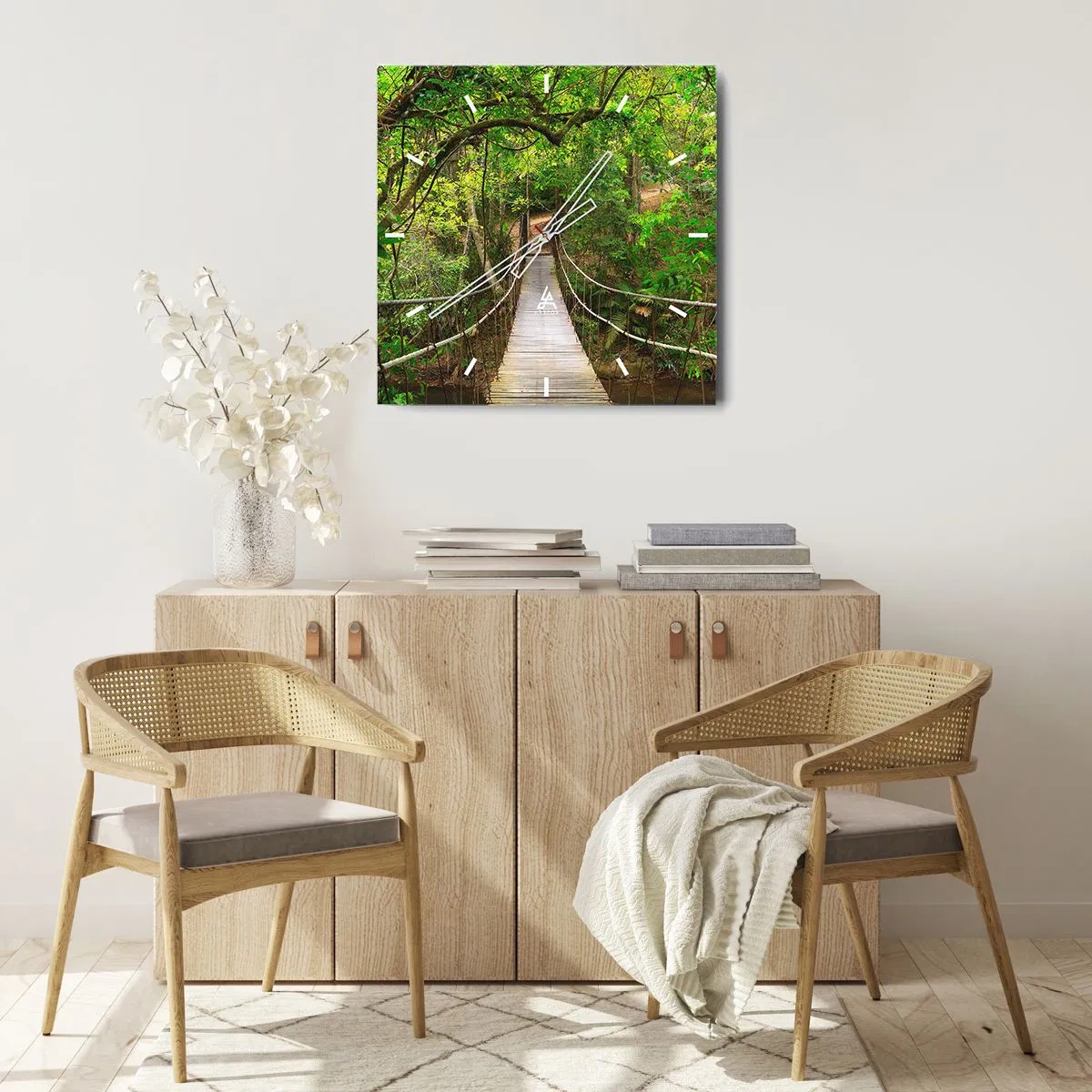 Reloj de pared - Reloj de vidrio - Un puente colgante rodeado de una selva tropical verde. - 30x30cm - Porque la vid crece en el jardín - Decoración de pared moderna para salón y dormitorio ARTTOR
