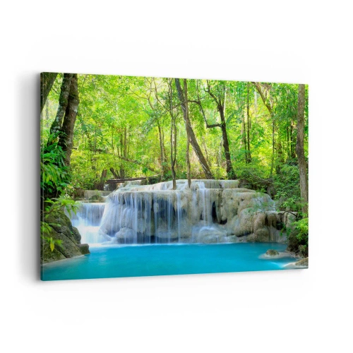Cuadro sobre lienzo - Impresión de Imagen - Una cascada entre árboles verdes con agua azul en un entorno natural. - 120x80cm - Ahogarse en turquesa y verde - Decoración de pared moderna para salón y dormitorio ARTTOR