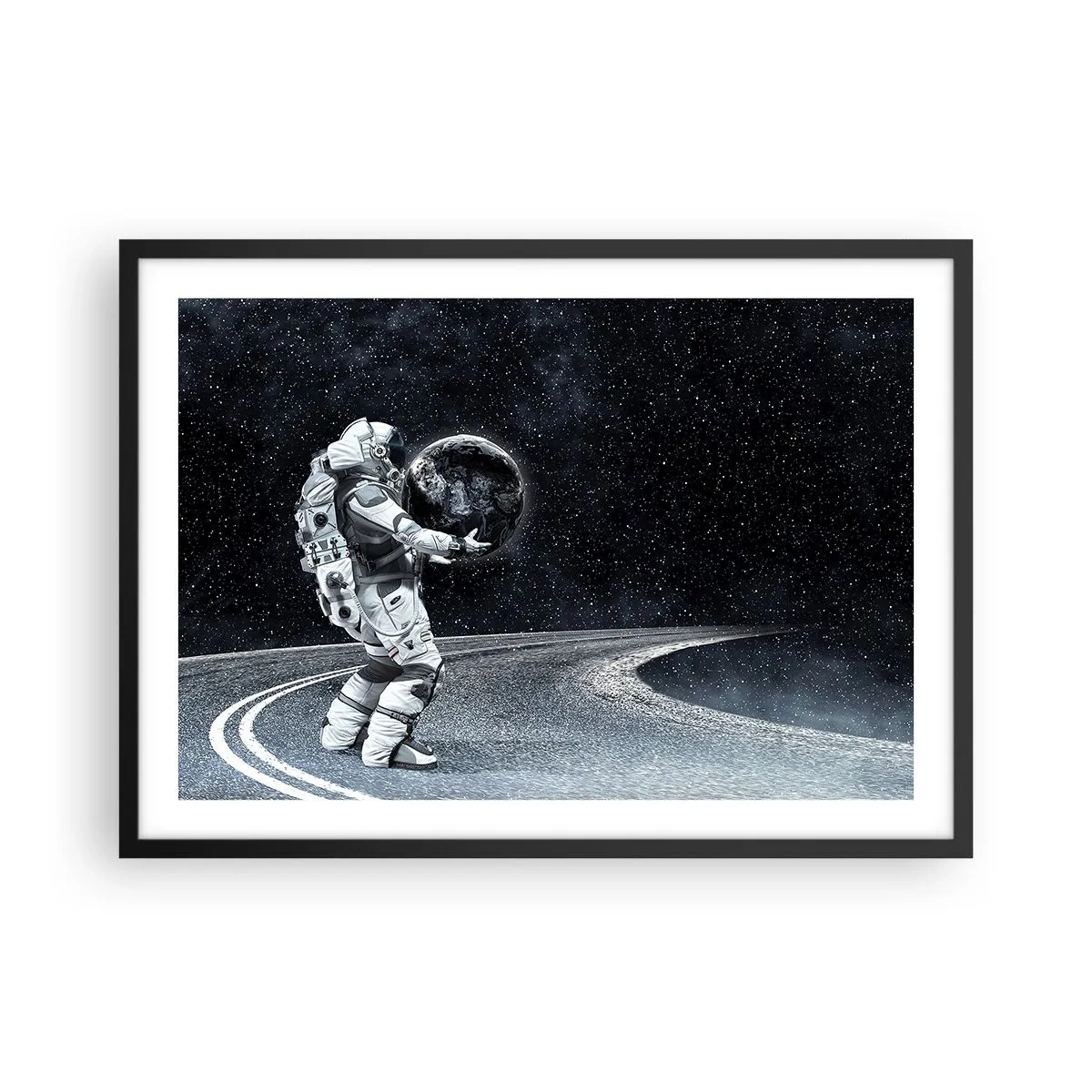 Póster en marco negro - Astronauta con la Tierra contra el cielo estrellado - 70x50cm - En la Vía Láctea - Decoración de pared moderna para salón y dormitorio ARTTOR