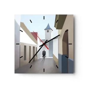 Reloj de pared - Reloj de vidrio - Una calle minimalista con la silueta de un hombre al fondo. - 30x30cm - Paseo soleado - Decoración de pared moderna para salón y dormitorio ARTTOR