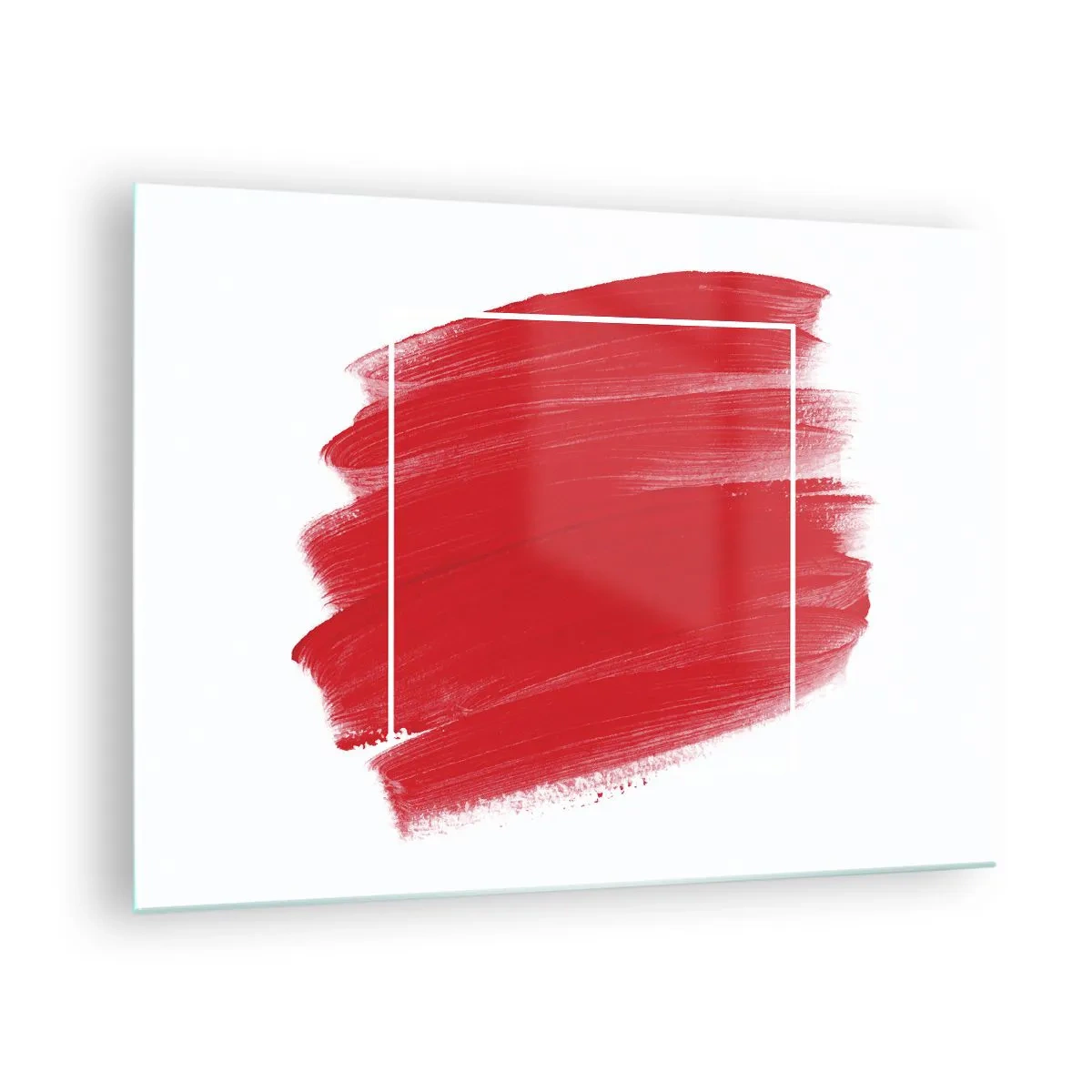 Cuadro sobre vidrio - Impresiones sobre Vidrio - Mancha roja abstracta con un marco blanco - 70x50cm - Fuera del marco - Decoración de pared moderna para salón y dormitorio ARTTOR