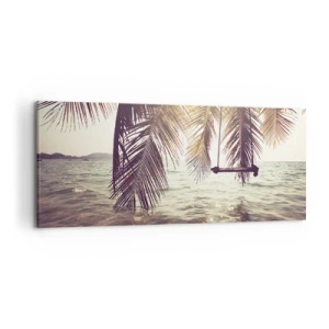 Cuadro sobre lienzo - Impresión de Imagen - Palmera con columpio sobre el agua bajo la luz del sol. - 120x50cm - Columpiar la imaginación - Decoración de pared moderna para salón y dormitorio ARTTOR