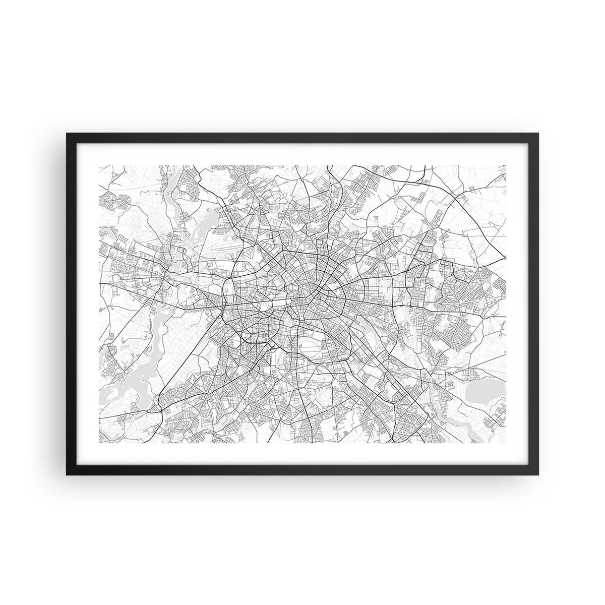 Póster en marco negro - Mapa detallado de la ciudad en blanco y negro - 70x50cm - Flor de Berlín - Decoración de pared moderna para salón y dormitorio ARTTOR