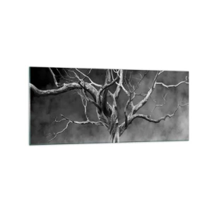 Cuadro sobre vidrio - Impresiones sobre Vidrio - Un árbol seco en blanco y negro contra la niebla. - 120x50cm - Primordial y sagrado - Decoración de pared moderna para salón y dormitorio ARTTOR