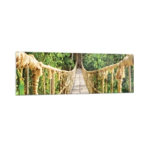 Cuadro sobre vidrio - Impresiones sobre Vidrio - Un puente colgante en un bosque tropical lleno de vegetación. - 160x50cm - Suspendido en verde - Decoración de pared moderna para salón y dormitorio ARTTOR