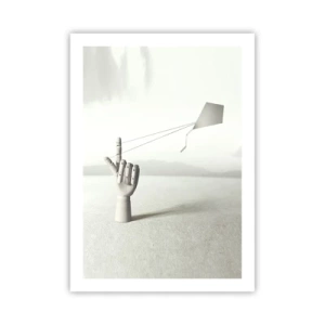 Póster - Una mano de madera con una cometa sobre un fondo brillante. - 50x70cm - Una prueba de fuerza - Decoración de pared moderna para salón y dormitorio ARTTOR