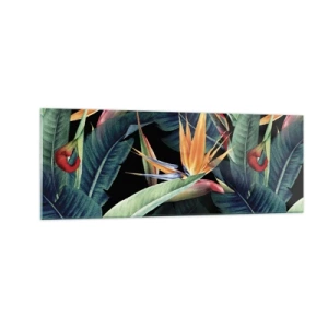 Cuadro sobre vidrio - Impresiones sobre Vidrio - Flores y hojas tropicales sobre fondo negro. - 140x50cm - Flores de llamas de los trópicos - Decoración de pared moderna para salón y dormitorio ARTTOR