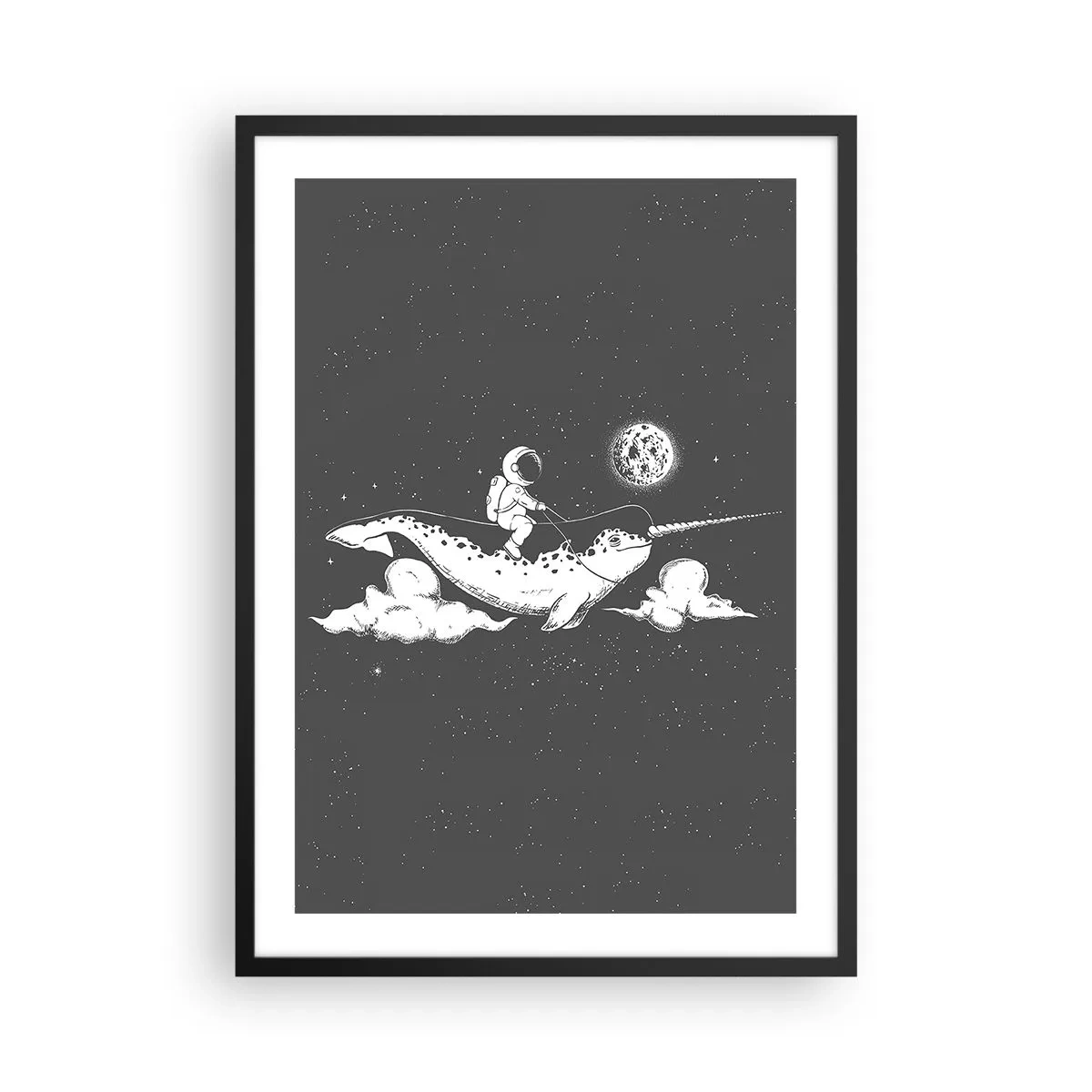 Póster en marco negro - Astronauta en el lomo de un narval en el espacio - 50x70cm - Jinete espacial - Decoración de pared moderna para salón y dormitorio ARTTOR