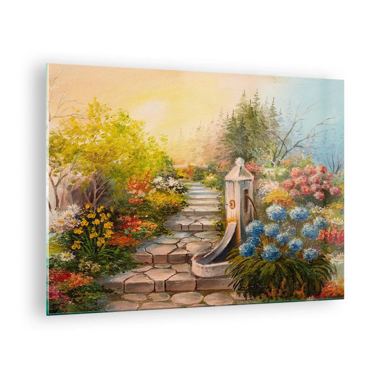 Cuadro sobre vidrio - Impresiones sobre Vidrio - Un jardín de flores con una fuente en plena floración. - 70x50cm - En plena floración - Decoración de pared moderna para salón y dormitorio ARTTOR