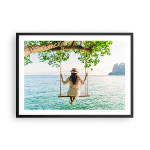 Póster en marco negro - Mujer en un columpio junto al mar en un paisaje tropical - 70x50cm - La vida es bella - Decoración de pared moderna para salón y dormitorio ARTTOR