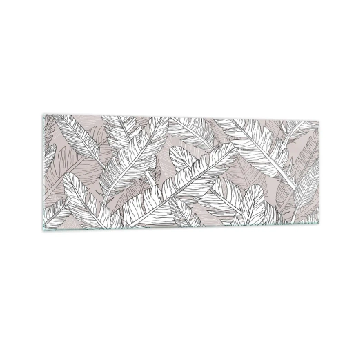 Cuadro sobre vidrio - Impresiones sobre Vidrio - Patrón en blanco y negro con hojas de plátano sobre un fondo claro. - 140x50cm - Turbulencias de plumas - Decoración de pared moderna para salón y dormitorio ARTTOR