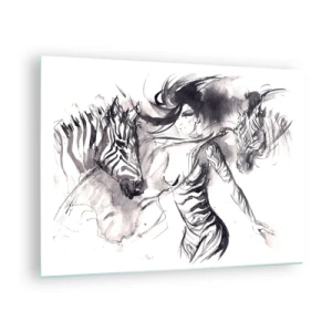 Cuadro sobre vidrio - Impresiones sobre Vidrio - Composición en blanco y negro con una mujer y una cebra en estilo artístico. - 70x50cm - Bailando con las cebras - Decoración de pared moderna para salón y dormitorio ARTTOR