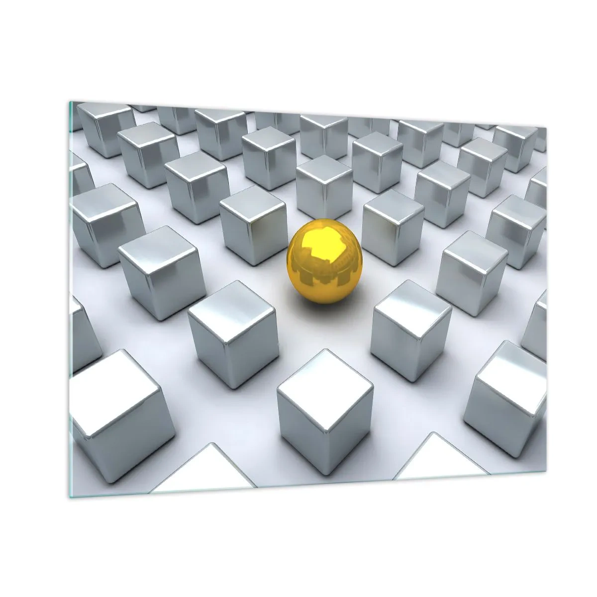 Cuadro sobre vidrio - Impresiones sobre Vidrio - Una esfera dorada rodeada de cubos de plata. - 100x70cm - ¿Por qué yo? Composición geométrica - Decoración de pared moderna para salón y dormitorio ARTTOR
