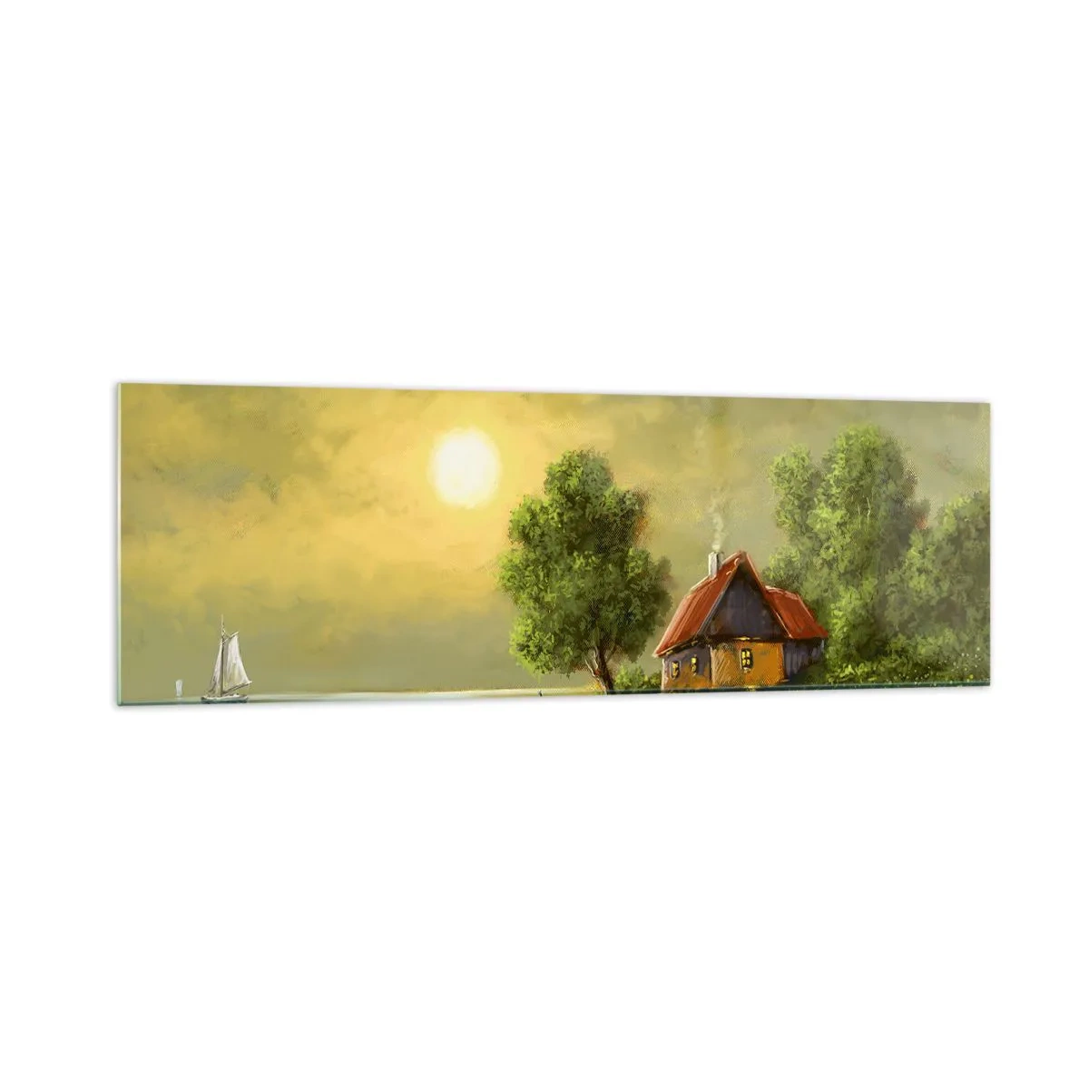 Cuadro sobre vidrio - Impresiones sobre Vidrio - Casa del lago a la luz del atardecer - 160x50cm - Es hermoso, como salido de un cuadro - Decoración de pared moderna para salón y dormitorio ARTTOR