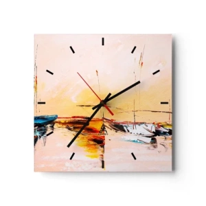 Reloj de pared - Reloj de vidrio - Barcos coloridos en aguas tranquilas al atardecer - 30x30cm - Atardecer en el puerto deportivo - Decoración de pared moderna para salón y dormitorio ARTTOR